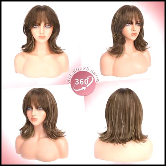 Short Bob Wig with Bangs Shoulder Length Wavy Layered Synthetic Hair Daily Party